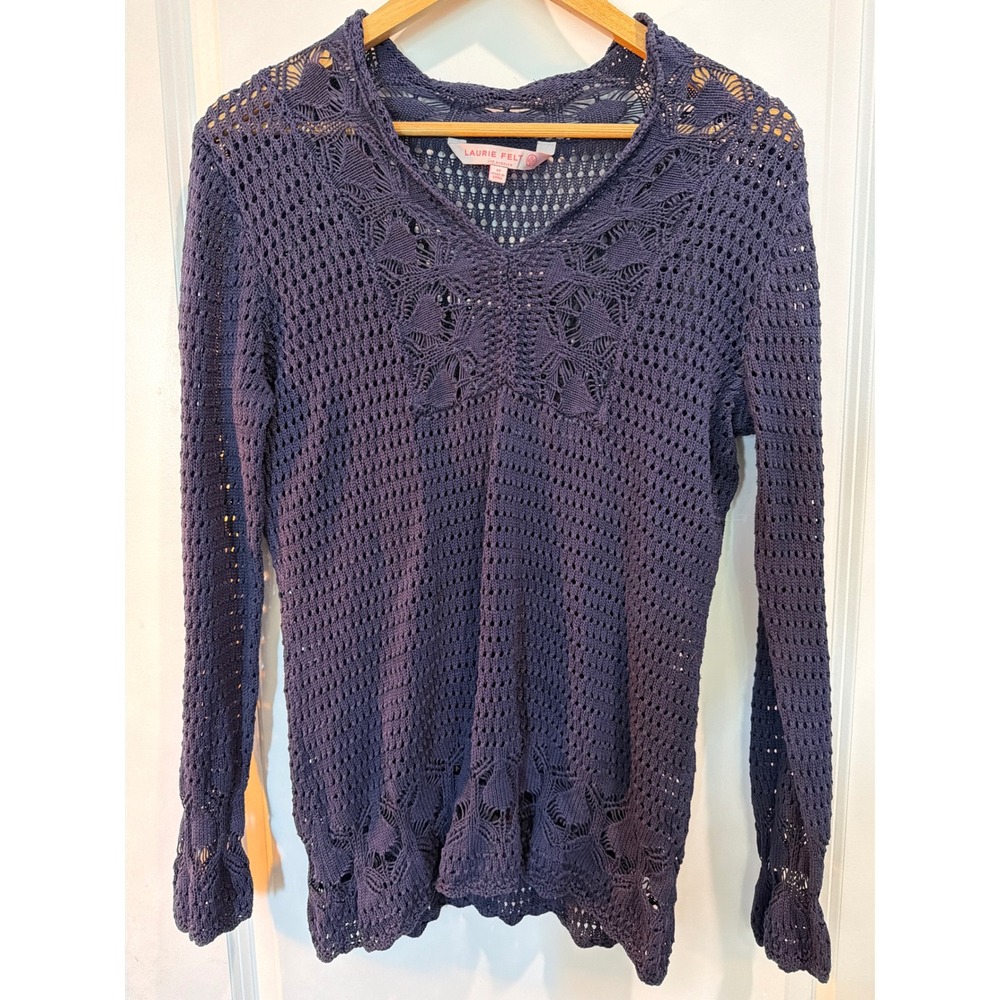 Laurie Felt Navy Blue Crochet Lace Butterfly Knit Sweater Top M Boho Festival